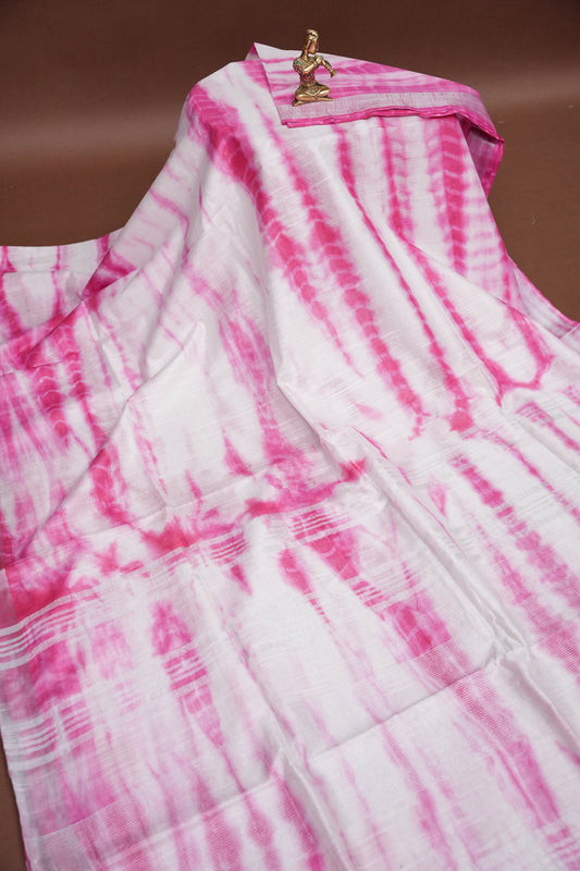 Pure Linen Shibori Print Saree - White & Pink