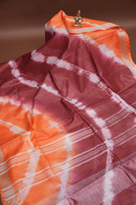 Pure Linen Shibori Print Saree - Orange & Maroon