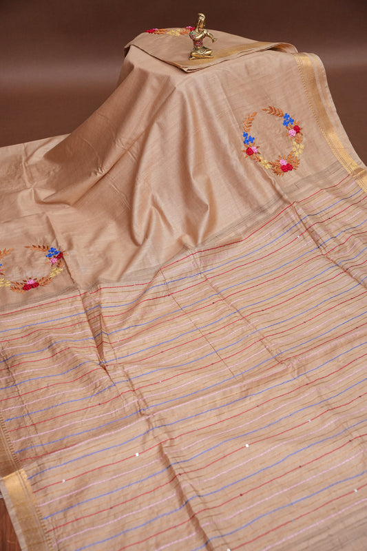 Hand Embroidery Pure Linen Silk Saree With Gold Zari Border - Beige Nude Shade