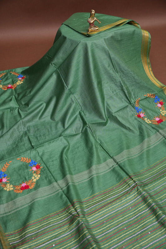 Hand Embroidery Pure Linen Silk Saree With Gold Zari Border - Deep Leaf Green