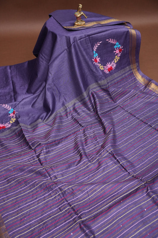 Hand Embroidery Pure Linen Silk Saree With Gold Zari Border - Smoky Lavender Purple