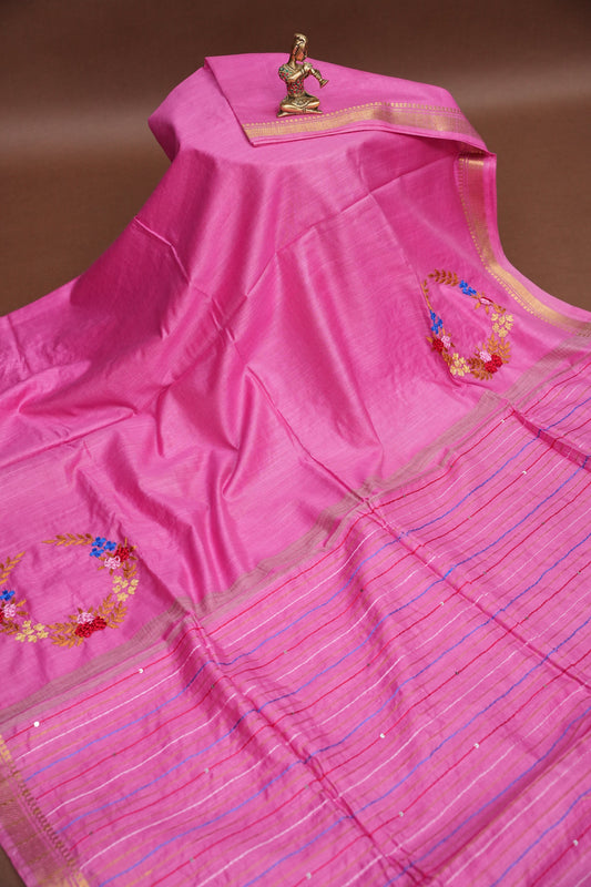 Hand Embroidery Pure Linen Silk Saree With Gold Zari Border - Candy Pink