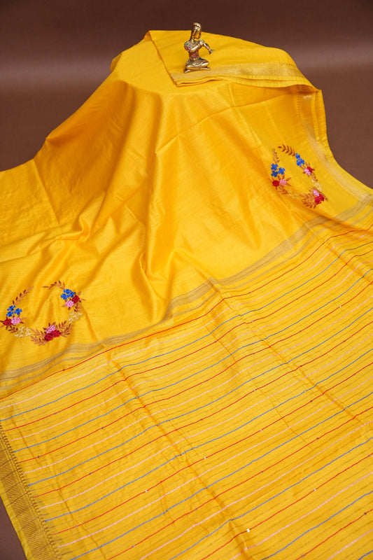 Hand Embroidery Pure Linen Silk Saree With Gold Zari Border - Yellow