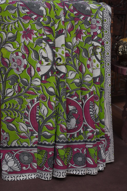 Pure Cotton Saree with Digital Kalamkari Prints - Parrot Green & Majenta