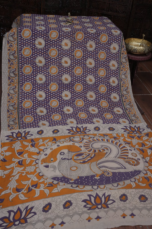 Pure Cotton Saree with Digital Kalamkari Prints – Purple & Mustard Gold