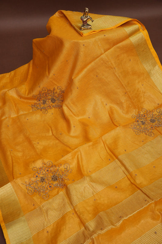 Hand Embroidered Pure Tissue Linen Silk Saree - Mustard Yellow