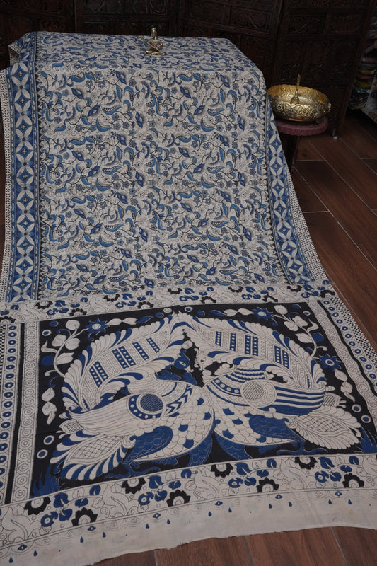 Pure Cotton Saree with Digital Kalamkari Prints – Ivory, Black & Royal Blue