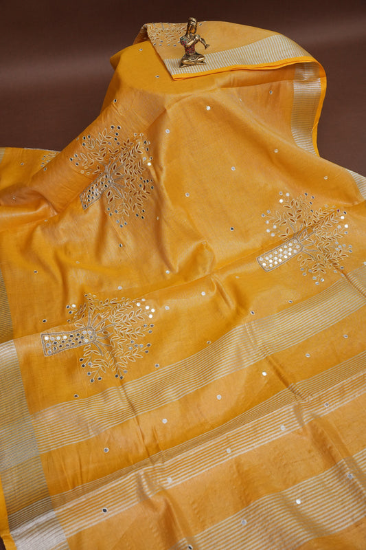 Hand Embroidered Pure Tissue Linen Silk Saree - Yellow