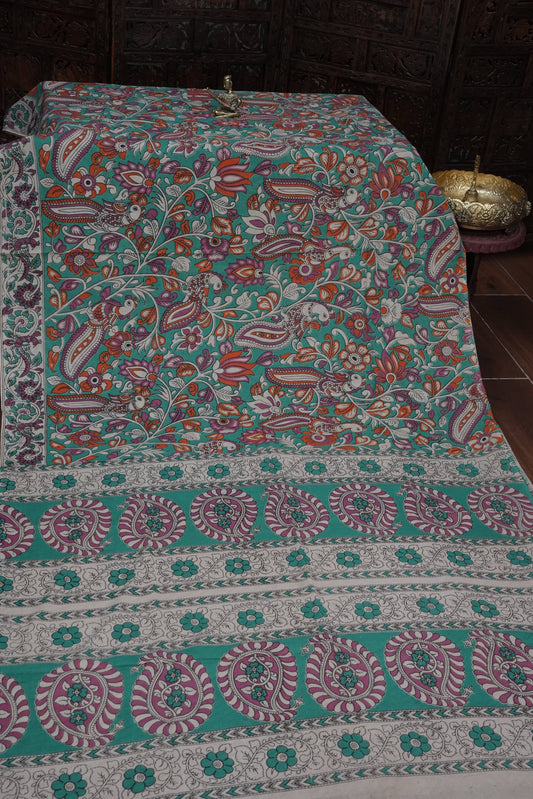 Pure Cotton Saree with Digital Kalamkari Prints – Aqua Green & Magenta