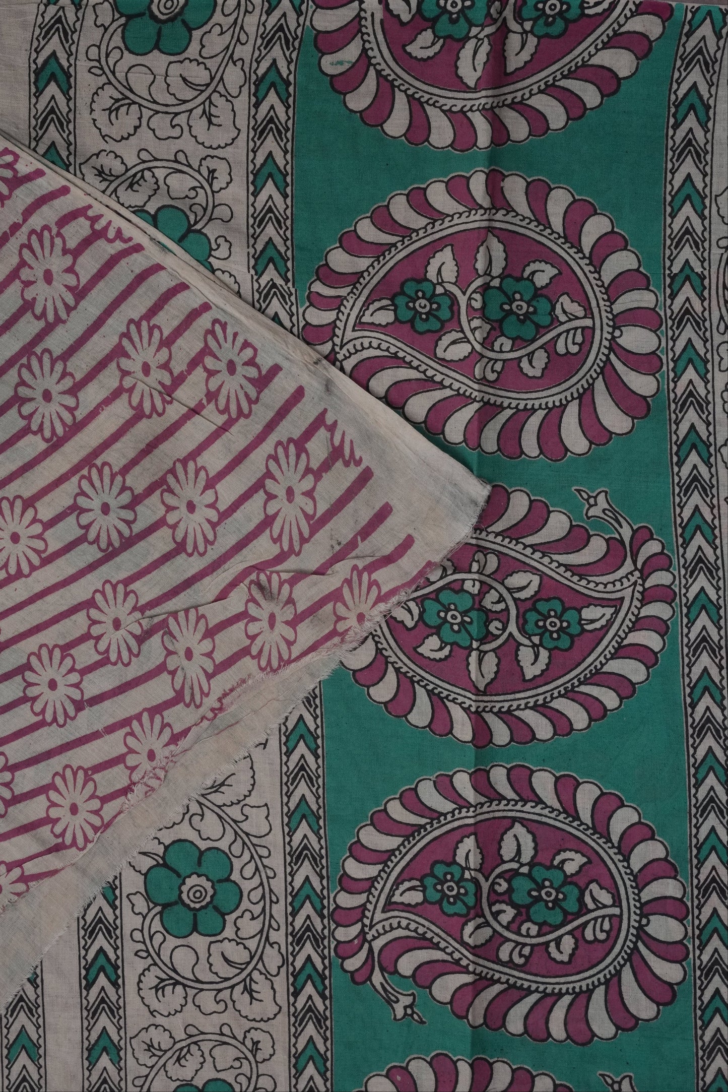 Pure Cotton Saree with Digital Kalamkari Prints – Aqua Green & Magenta