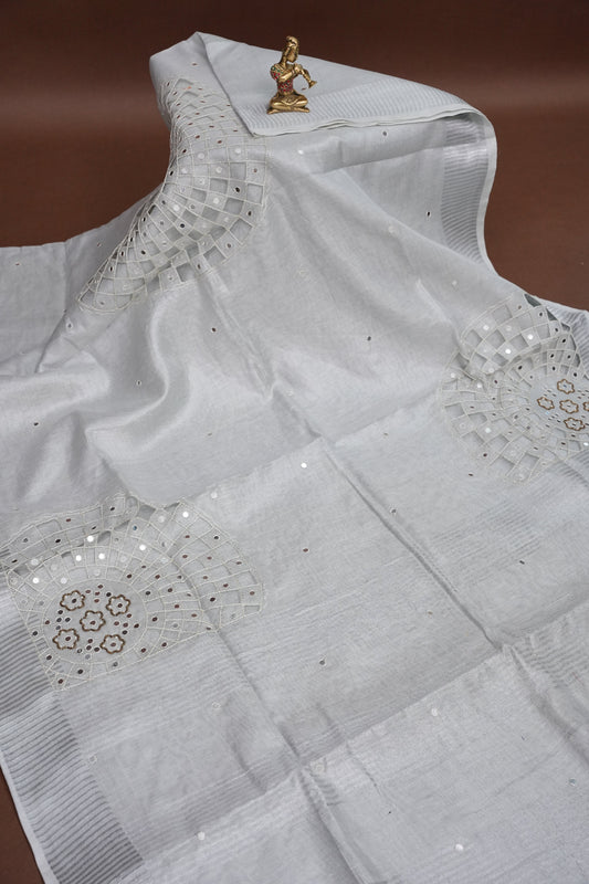 Hand Embroidered Pure Tissue Linen Silk Saree - White silver