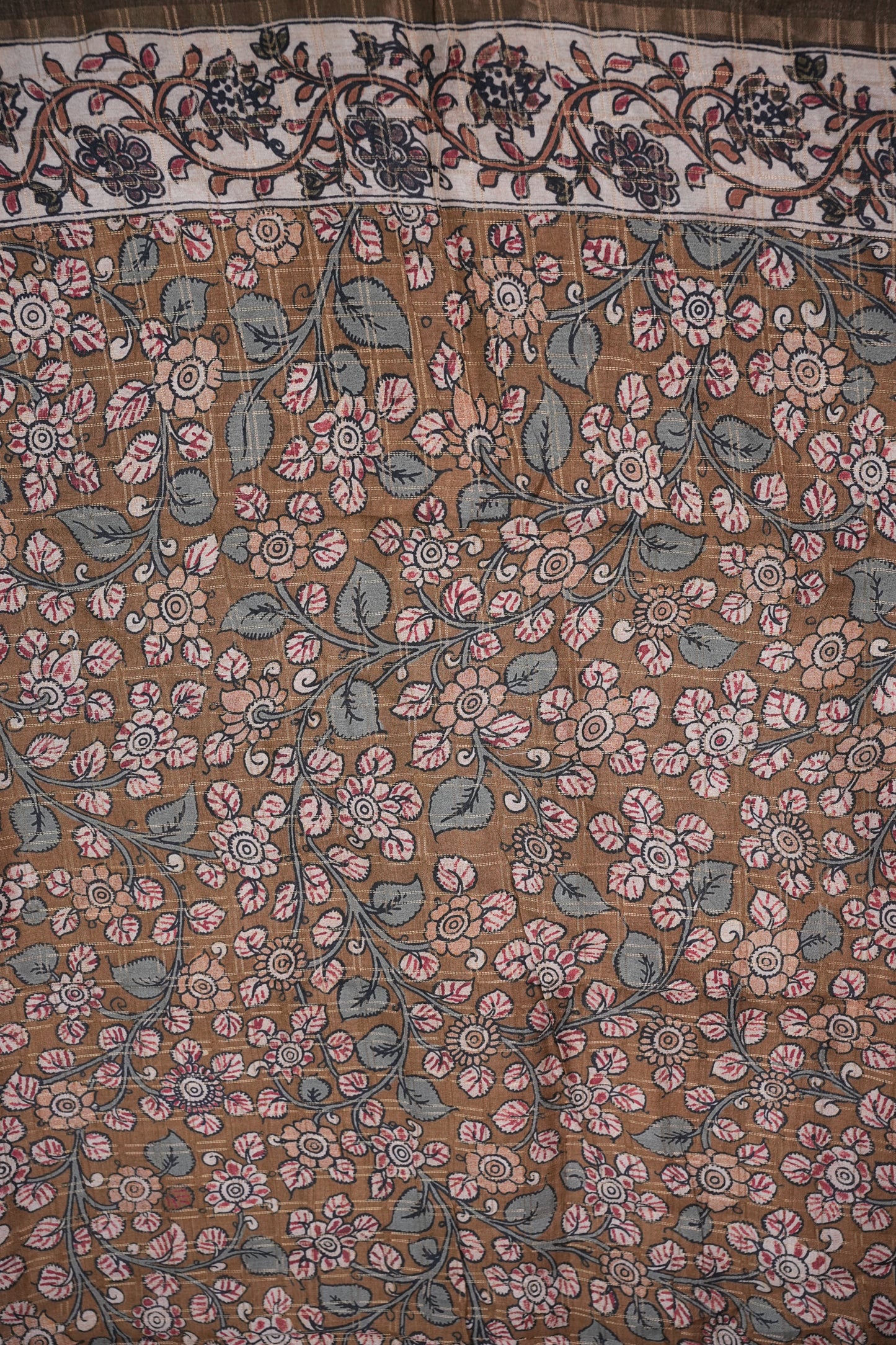 Semi Tussar Raw Silk Saree with Checkered Body & Kalamkari Pallu and Blouse β Deep Teal Green