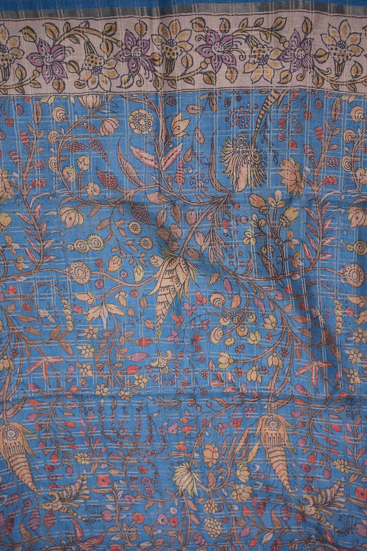Semi Tussar Raw Silk Saree with Checkered Body & Kalamkari Pallu and Blouse β Dusty Pink