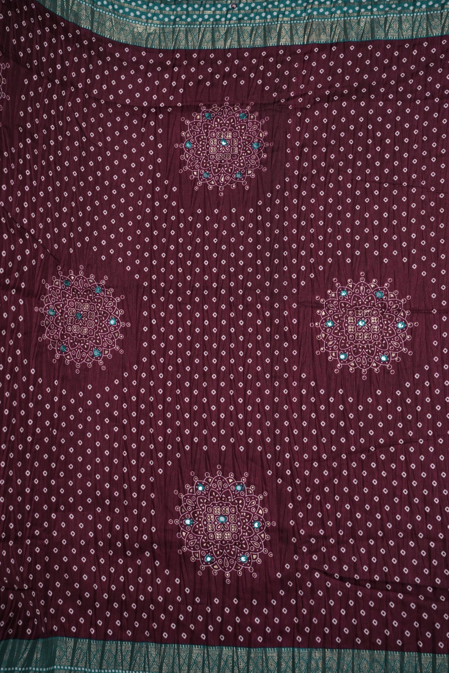 Bandhini Digital Print Semi Silk Saree-Wine and Turquoise Blue