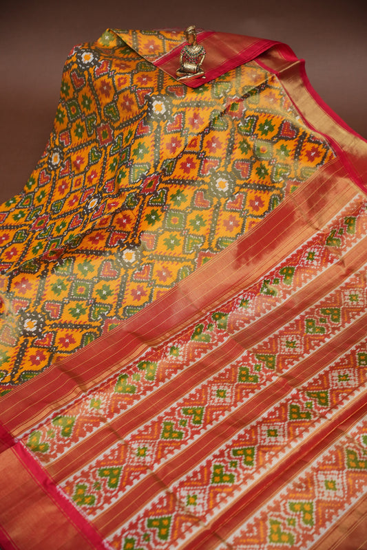 Mustard Yellow Pochampally Ikkat Silk Saree with Red Tissue Border|Silk Mark Certified