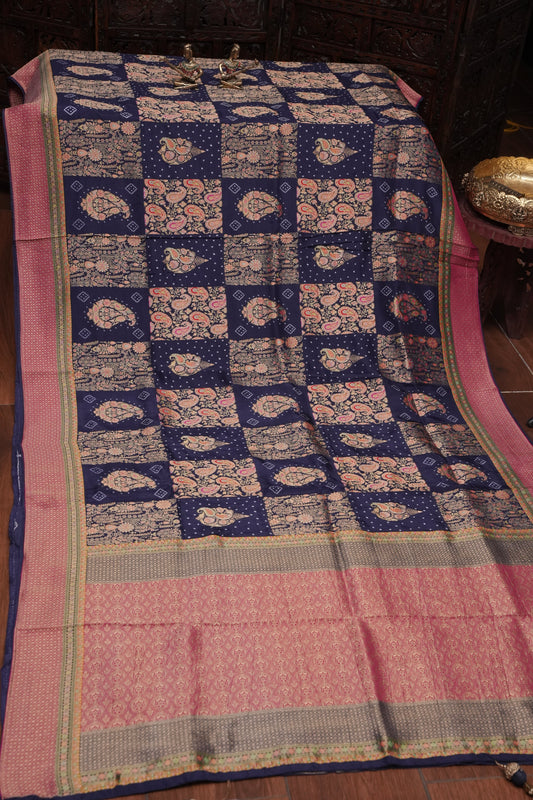 Kashmiri Pashmina Banarasi Story Telling Saree - Navy Blue & Pink