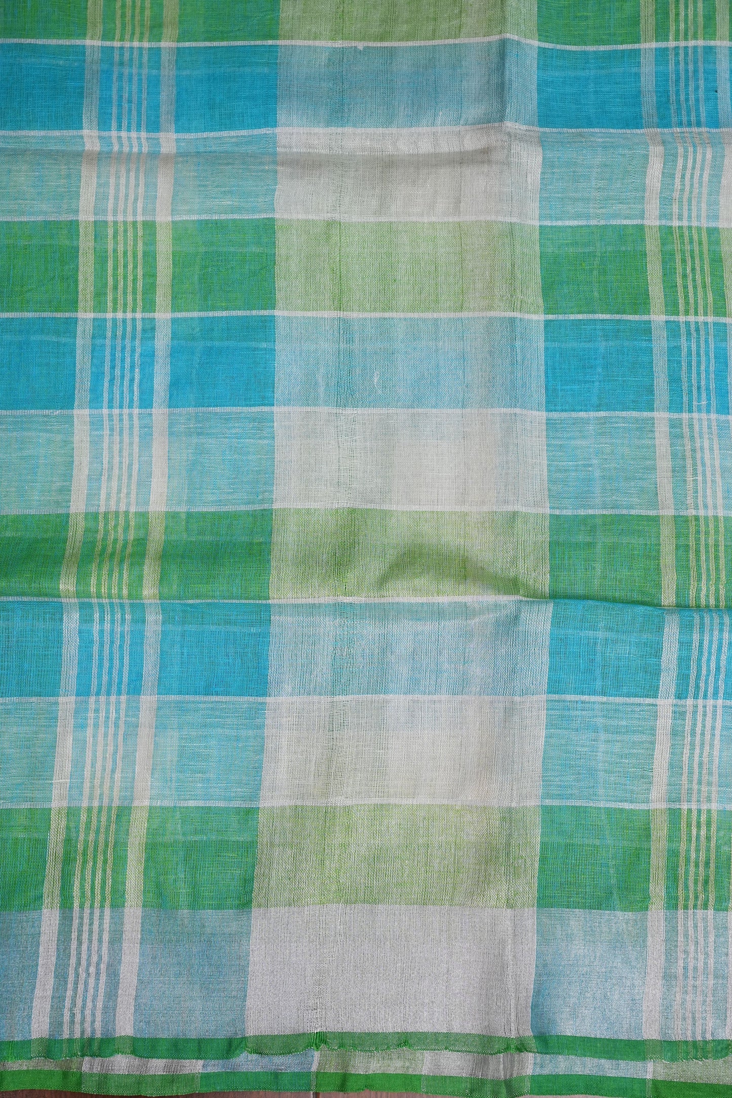 Pure Linen Cotton Saree โ Aqua Blue & Fresh Green Checks with Playful Tassels