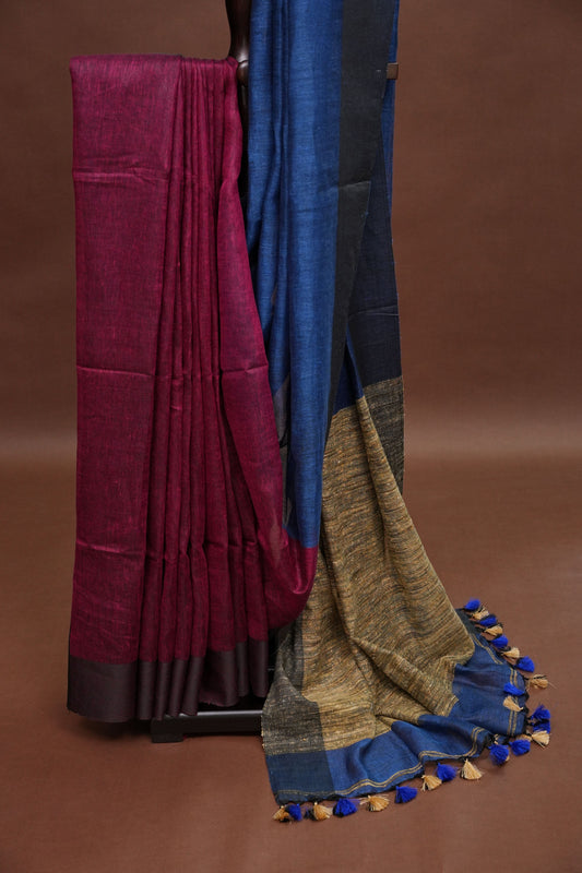 Half and Half Pure Linen Saree with Textured Jute Linen Pallu-Royal Blue & Wine