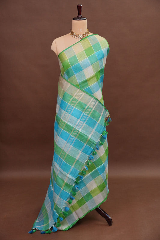 Pure Linen Cotton Saree – Aqua Blue & Fresh Green Checks with Playful Tassels
