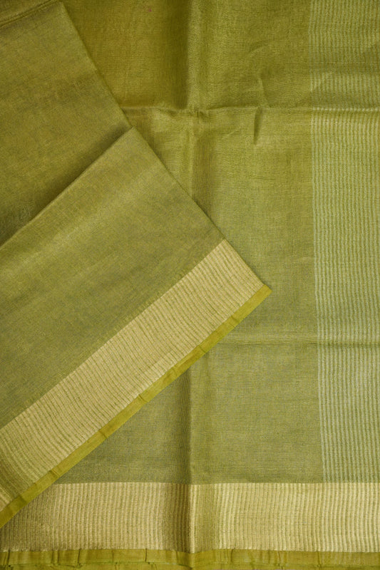 Tissue Linen Silk Saree β Olive Green with Subtle Zari Border