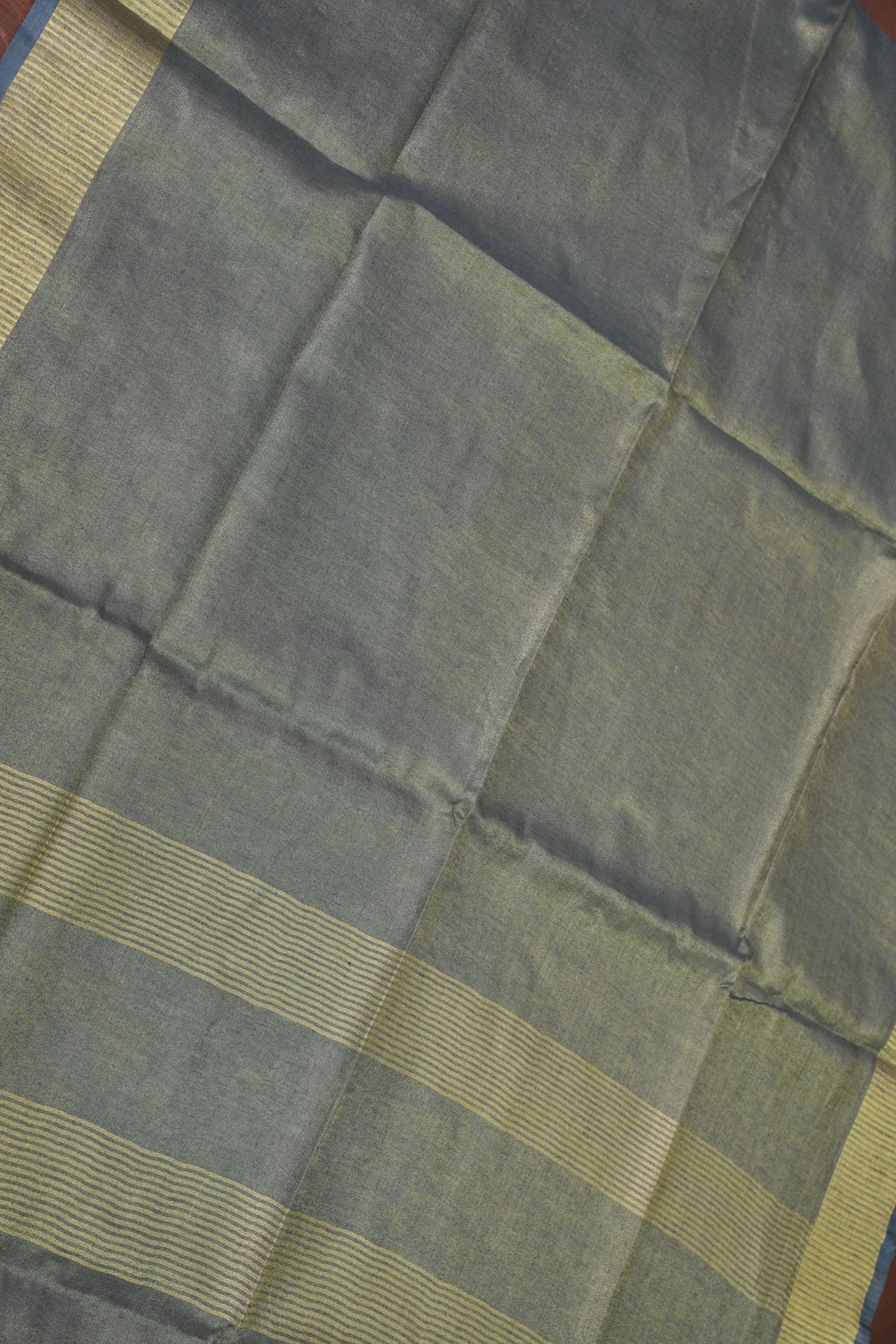 Tissue Linen Silk Saree – Steel Grey with Classic Gold Zari Border