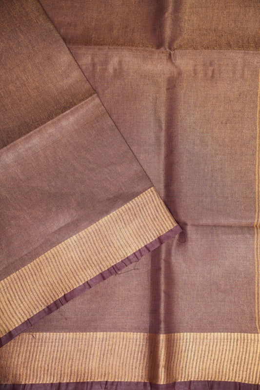 Tissue Linen Silk Saree β Deep Coffee Brown/Wine with Antique Gold Zari Border