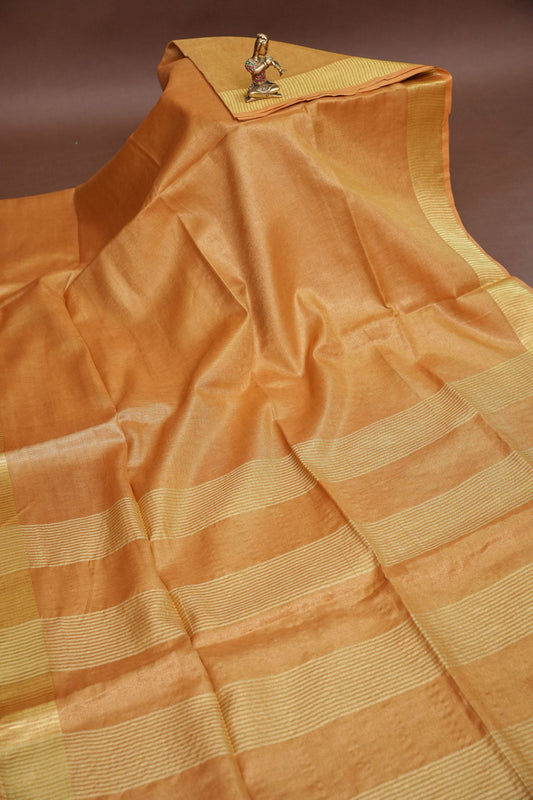 Tissue Linen Silk Saree – Honey Gold with Classic Zari Border