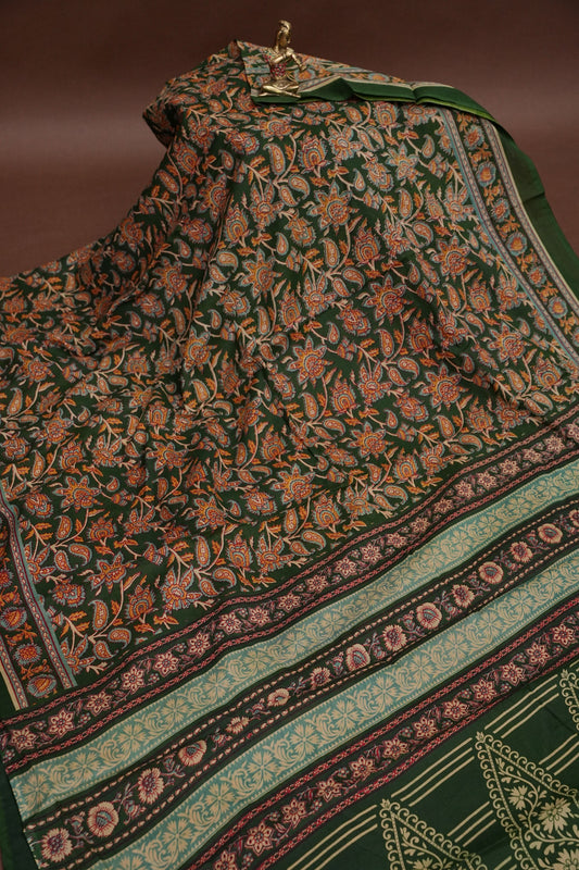 Kalamkari Cotton Saree – Deep Forest Green with Traditional Floral & Border Prints