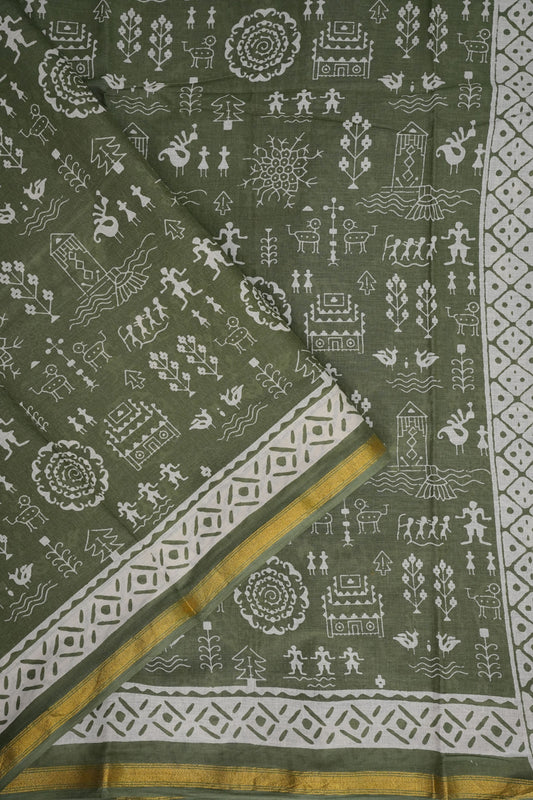 Earthy Elegance Handloom cotton Saree β Olive Green with Tribal Motifs