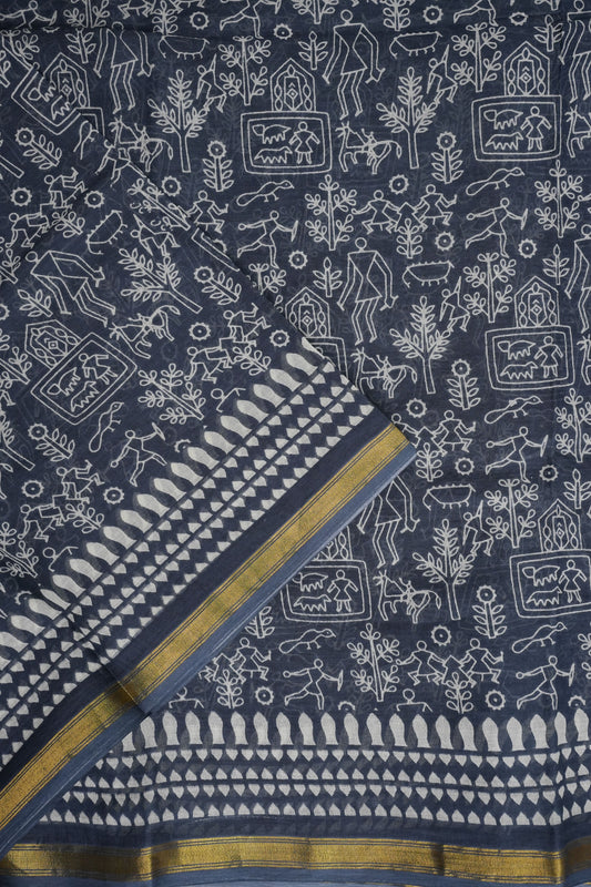 Indigo Grey Handloom cotton Saree β Tribal Motifs with Contemporary Stripes
