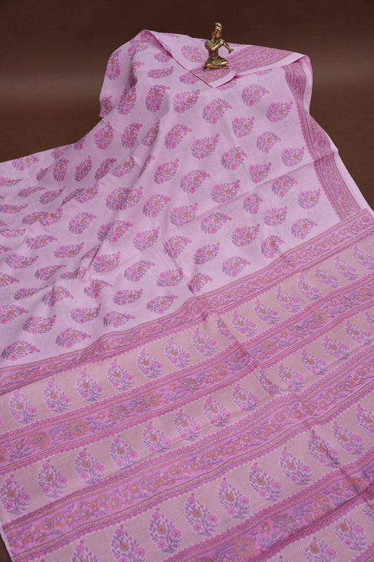 Soft Pastel Floral cotton Saree – Blush Pink with Delicate Multicolour Buttas