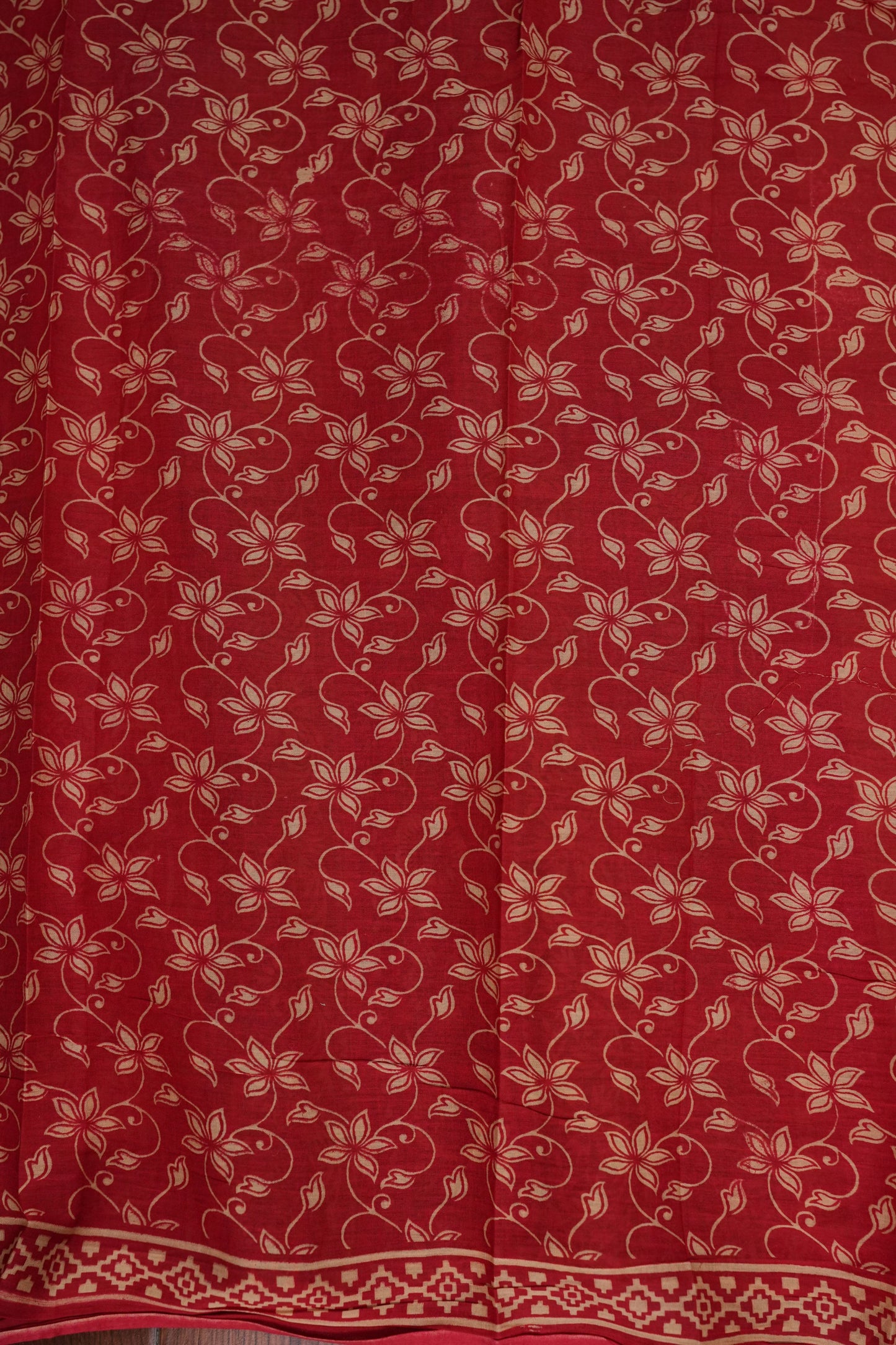 Traditional Kalamkari Style cotton Saree – Deep Red with Intricate Floral & Border Design
