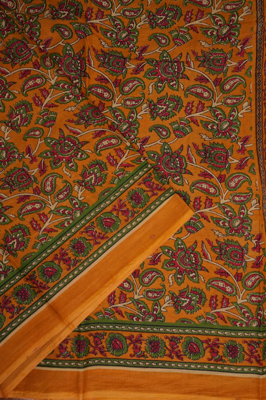 Kalamkari Inspired Cotton Saree β Mustard Yellow with Floral Heritage Prints