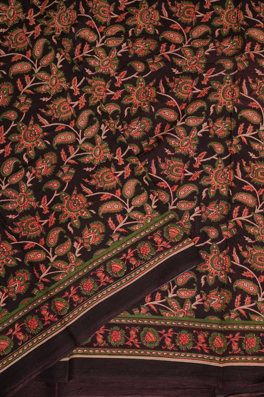 Kalamkari Inspired Cotton Saree – Deep Black with Earthy Floral Heritage Motifs