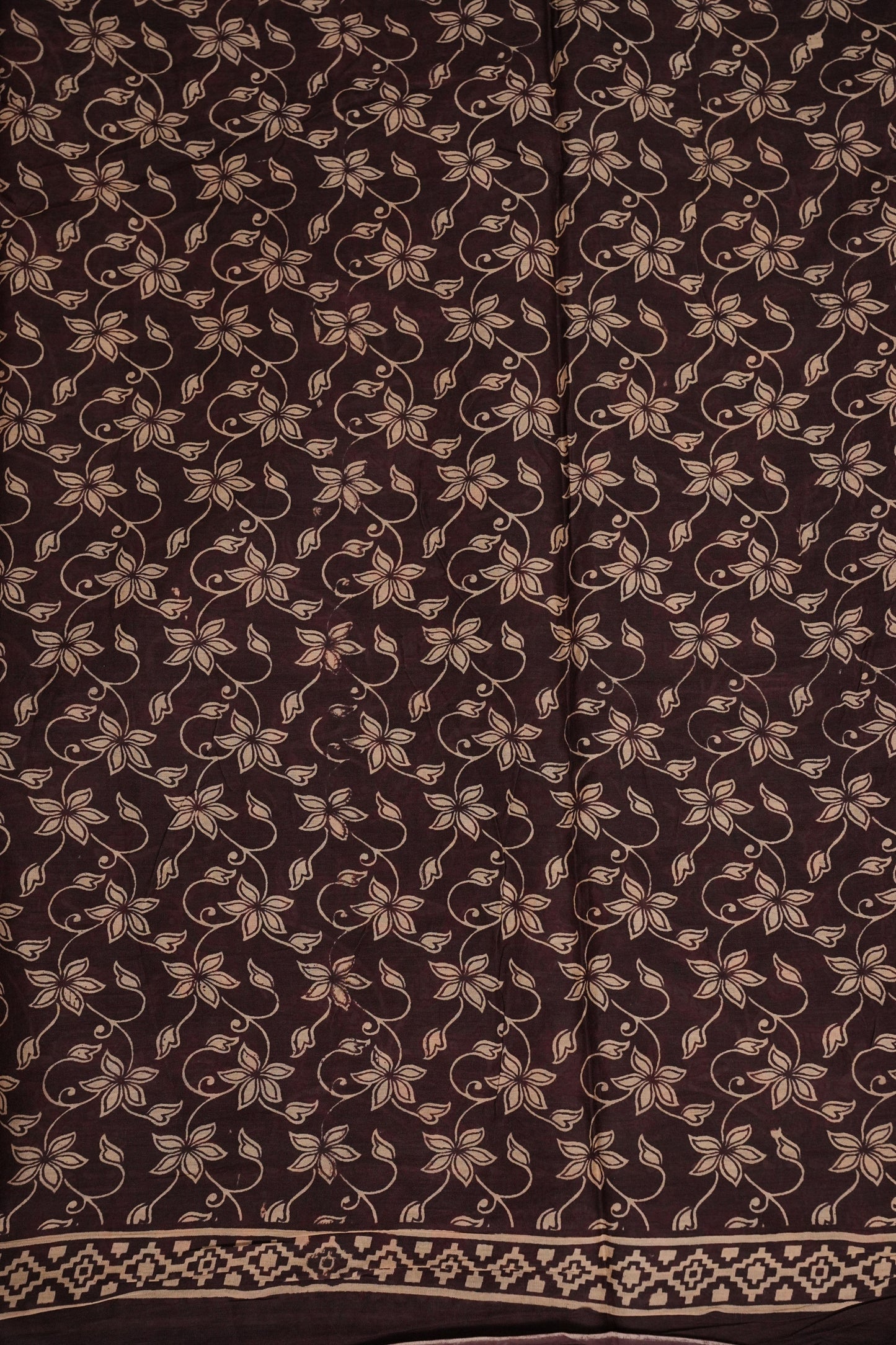 Kalamkari Inspired Cotton Saree – Deep Black with Earthy Floral Heritage Motifs