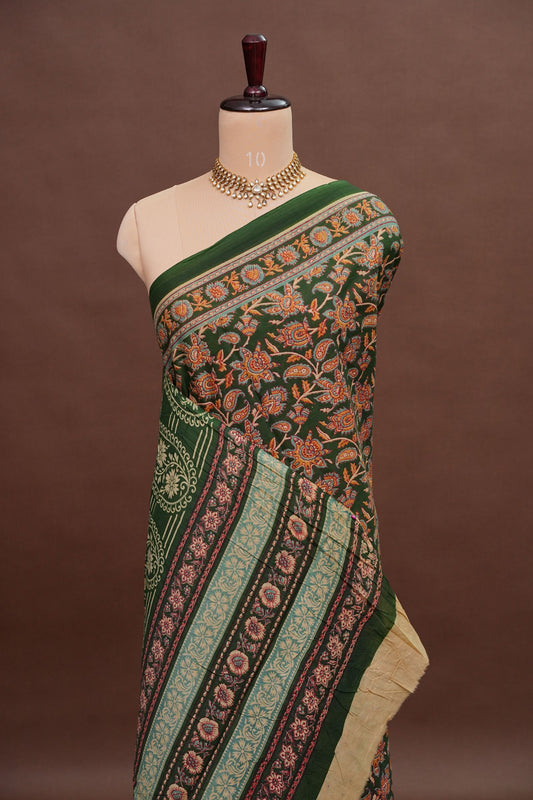 Kalamkari Cotton Saree β Deep Forest Green with Traditional Floral & Border Prints