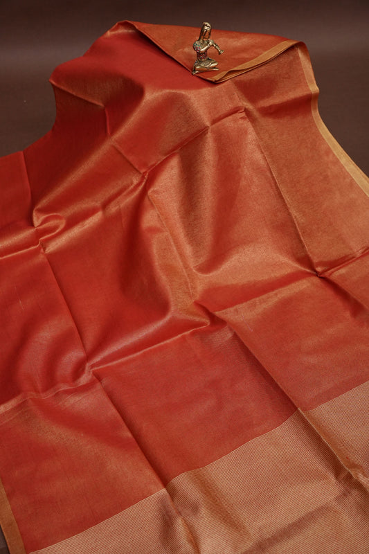 Tissue Linen Silk Saree – Rustic Brick Red with Classic Gold Border