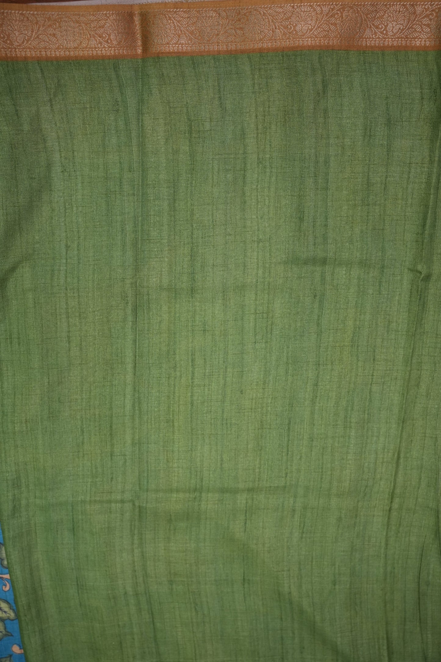 Linen Tussar Saree with Kalamkari Digital Print β Green & Blue