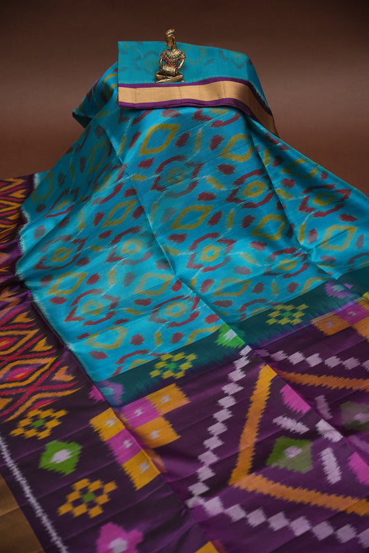 Pure Ikkat Soft Silk Saree - Turquoise Blue & Purple