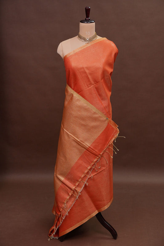 Tissue Linen Silk Saree β Rust Orange with Subtle Gold Zari Border