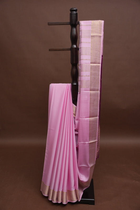 Plain Pure Crepe Mysore Silk Saree in Baby Pink With Contrast Onion Pink Blouse