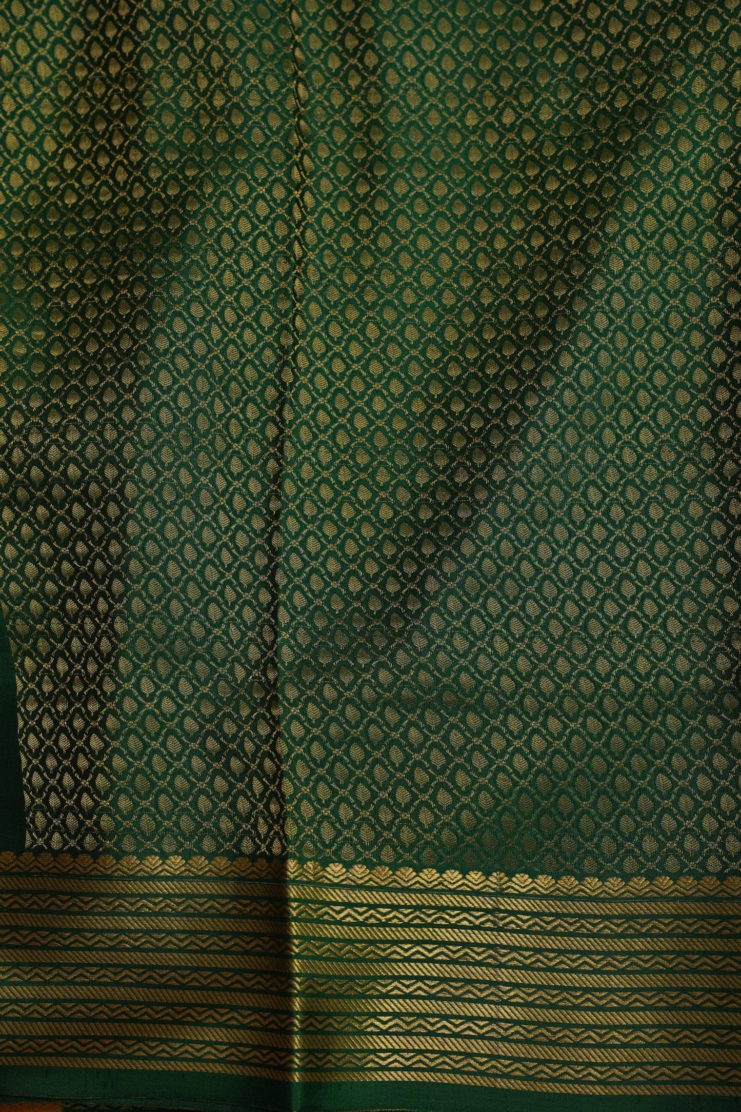 Plain Pure Crepe Mysore Silk Saree in Mustard Yellow With Contrast Bottle Green Blouse & Pallu