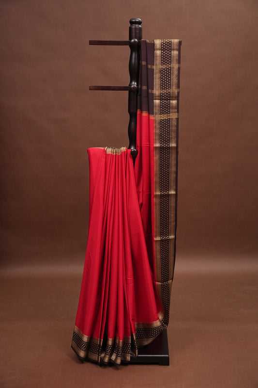 Pure Crepe Mysore Silk Saree - Maroon & Coffee Border