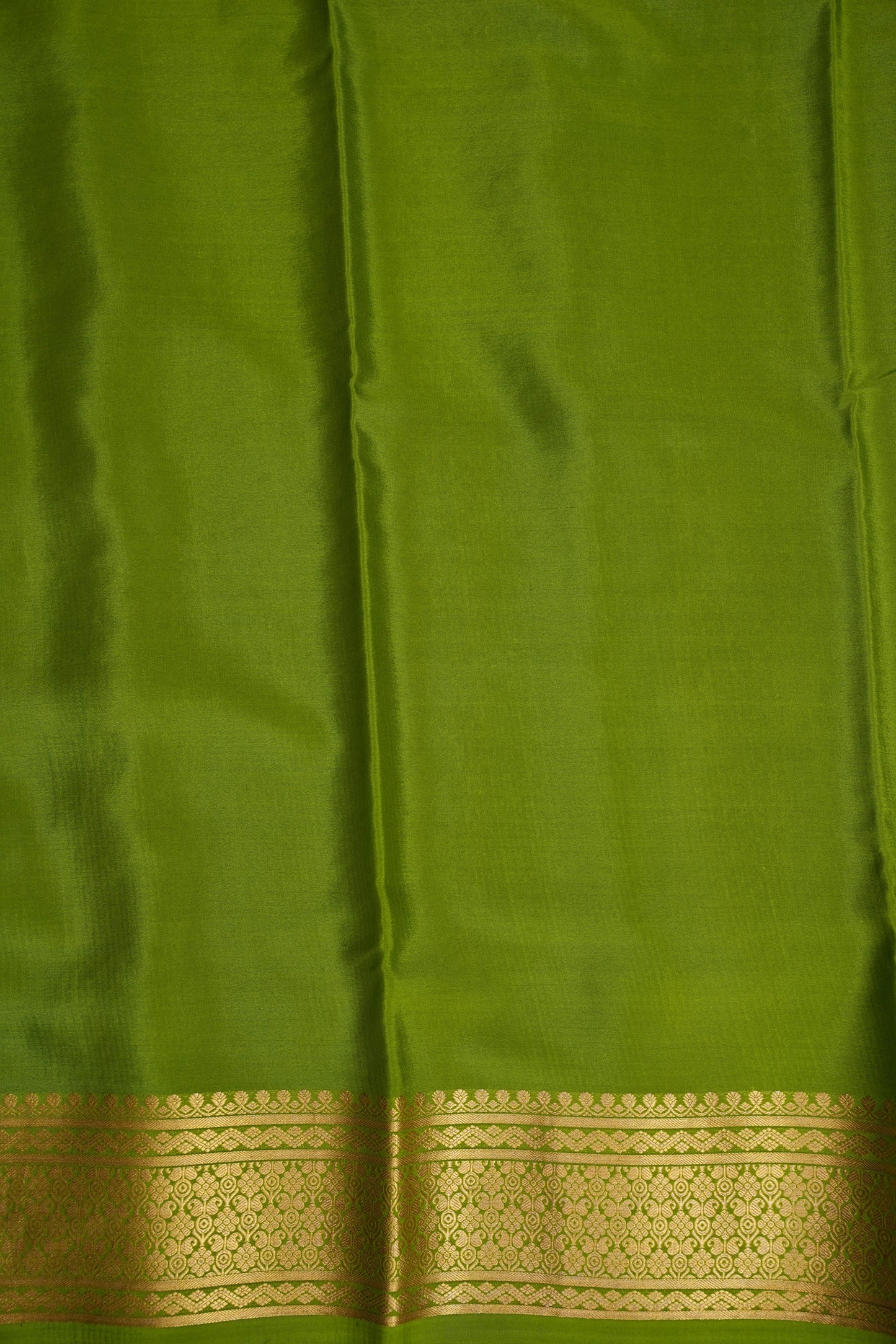 Pure Crepe Mysore Silk Saree - Olive Green with Gold Zari Border