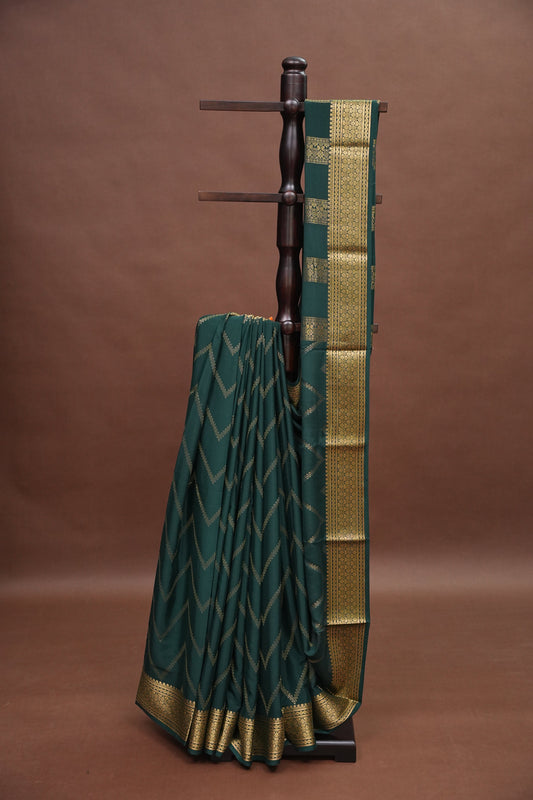 Pure Crepe Mysore Silk Saree - Bottle Green With Gold Zaro Border