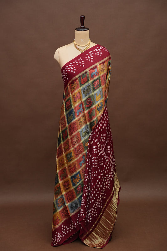 Subarnam's Exclusive Statement Saree β Pure Modal Silk Bandhani Kalamkari Saree