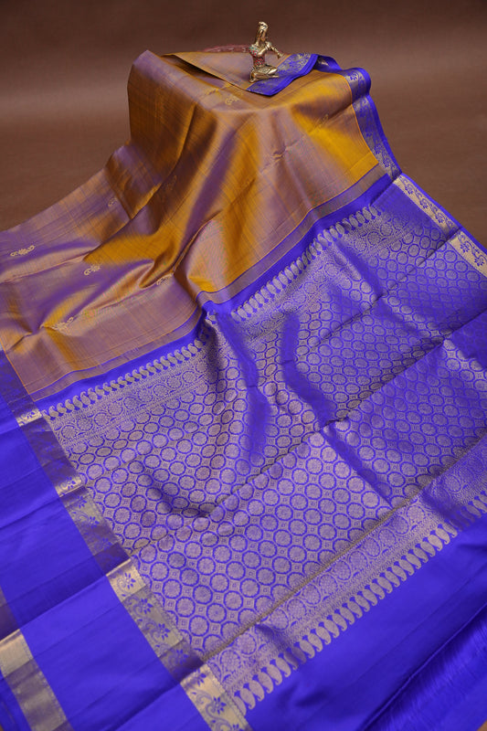 Mustard & Purple Border Pure Kanchipuram Silk Saree|Silk Mark Certified