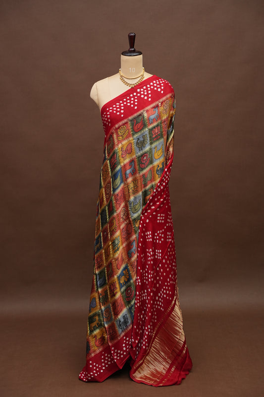 Subarnam's Exclusive Statement Saree β Pure Modal Silk Bandhani Kalamkari Saree