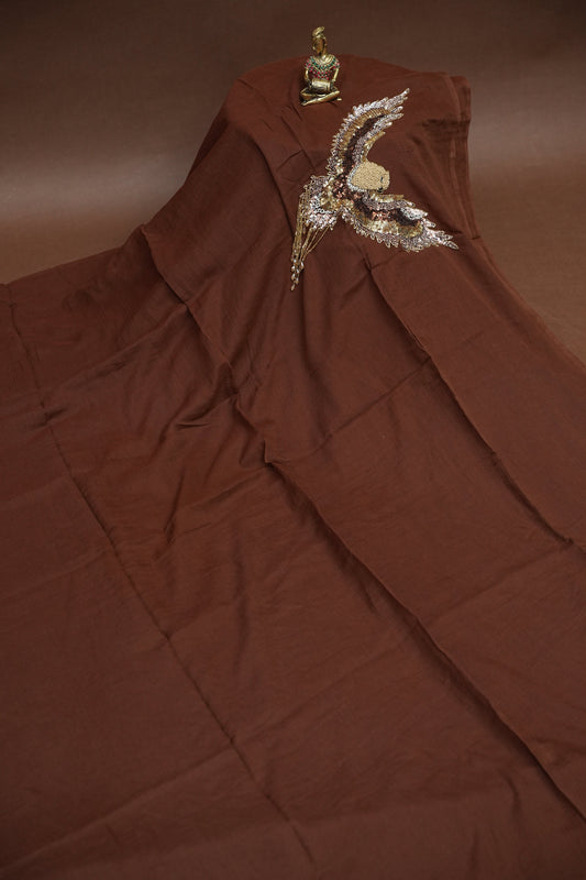 Chocolate Brown Mul Mul Cotton Party Wear Saree with Handcrafted Flying Eagle Embellishment