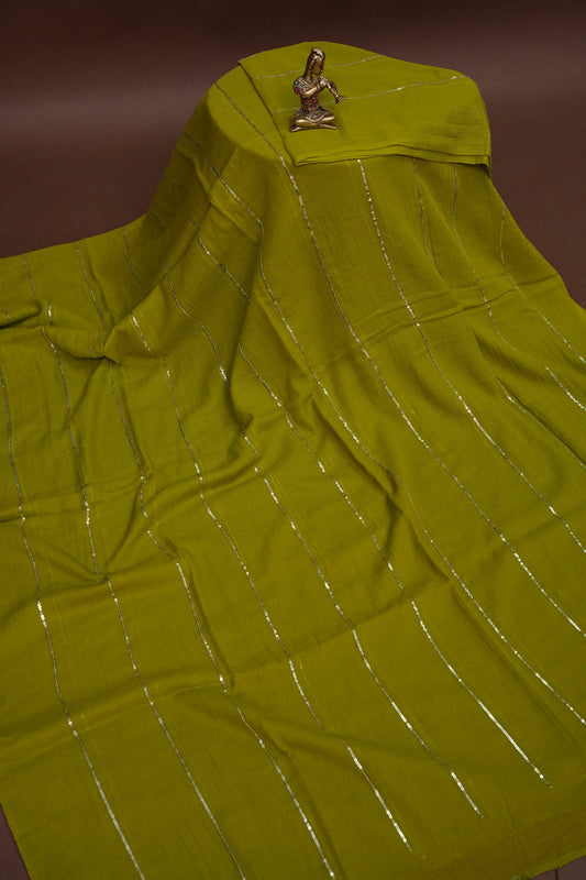 Mulmul Cotton Saree with Tassels - Green